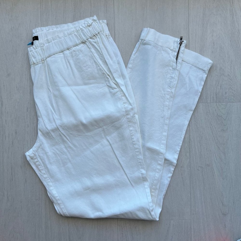 THEORY White linen stretch straight leg Sz L Pull on Elastic waist